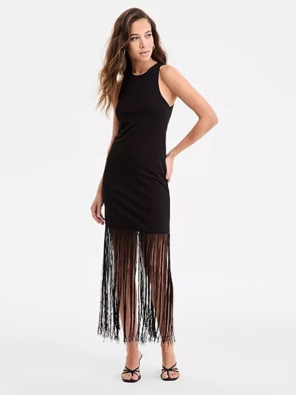 Bar III Black Sleeveless Fringe-Hem Midi Dress